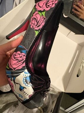 Iron Fist Black and Pink Floral Skull High Heel Pumps